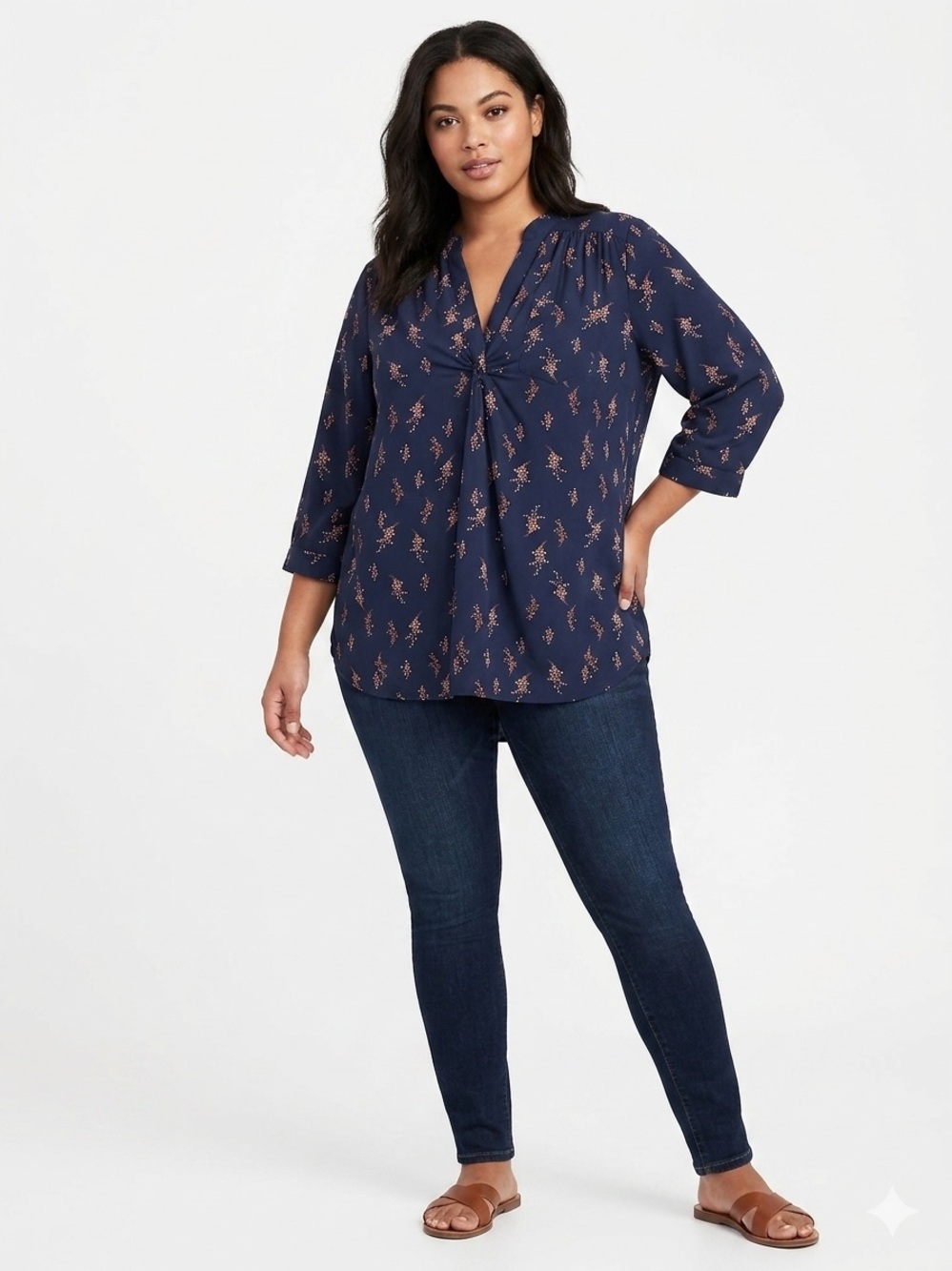 Fun2Fun NWOT Cottony Navy Blue Floral V-Neck Blouse No Stretch